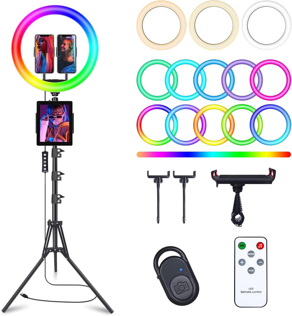 13" Selfie Ring Light with 63" Tripod Stand & 3 Phone Holders, LED Camera Ringlight with RGB Colors for Makeup/Videos