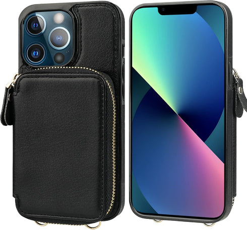 Bocasal RFID Blocking Wallet Case for iPhone 13 Pro Max, Adjustable Crossbody Zipper Purse with Kickstand, Black
