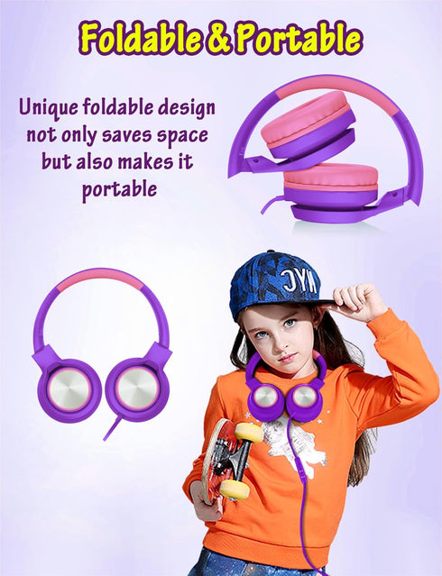 Kids Headphones with Microphone, Wired Over Ear Headsets with Limited Volume for Boys Girls Teens Online School/Travel