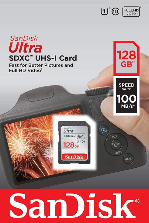 SanDisk Ultra SDXC 128GB SD Card for Olympus Mirrorless Camera Works with E-M10 IV, OM-1 Mark II and E-M5 III (SDSDUNR-128G-GN6IN) Bundle with (1) Everything But Stromboli MicroSDXC & SD Card Reader