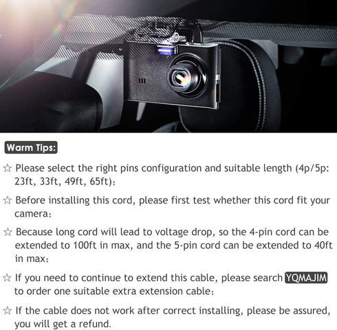 5 Pin Dash Cam Cable, 33 Ft 2.5mm Male to 5 Pin Backup Camera Cord for Pick-up Trucks, Trailer, RV, SUV