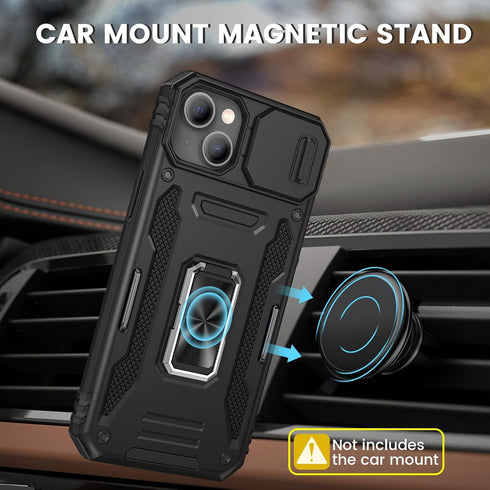 Maxdara iPhone 15 Case, Black with Front Glass Protector, Slide Camera Cover & Rotating Kickstand for 6.1" iPhone 15.