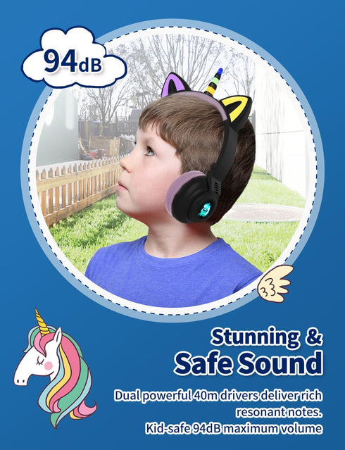 Unicorn Bluetooth Headphones for Girls, Foldable Light Up Kids Wireless Headphones for Toddlers, Birthday Gifts (Black)