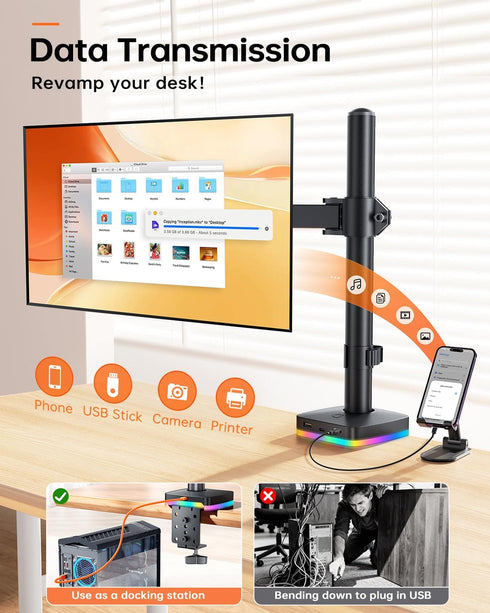 H&C(hcck&Cllassp) 3 13"-27" 17.6lbs, 75x75mm 100x100mm, RGB Single Monitor Stand, Monitor Arm with USB Ports, Charging