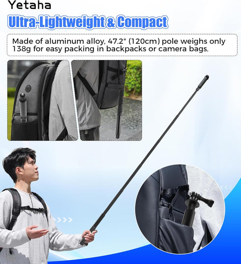 Yetaha 47.2" (120cm) Insta360 X5/X4/X3, 1311, Invisible Selfie Stick, Extended Monopod Pole Compatible for GoPro Hero