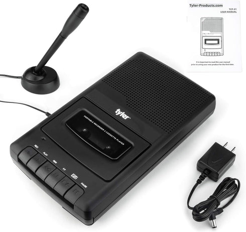 Tyler TCP-01 Cassette 120V Portable Player and Recorder - Retro Shoebox Style Music Device with Stand-Alone Microphone
