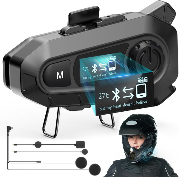 Motorcycle Bluetooth 5.4 Headset with LCD Screen, 2 Mic Helmet Speakers, 48h Music & FM, Waterproof Noise Reduction