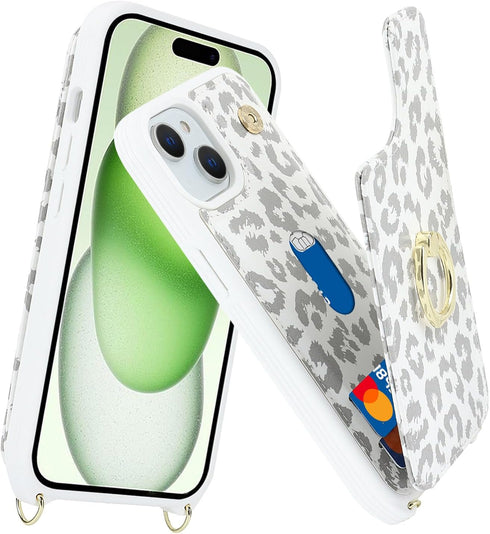 for iPhone 15 Case with Card Holder and Strap for Women,Crossbody Lanyard,Ring Stand,Snap Clasp,Cute Phone Wallet Cases 6.1 inch(White Leopard)