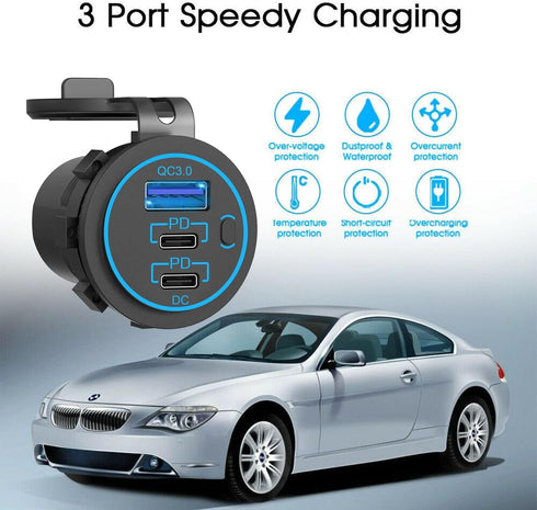 12V USB C Outlet, Two USB-C PD 20W Power Socket and 18W QC3.0 Socket Waterproof Power Outlet 12V/24V with Power Switch for Car Golf Cart Boat Marine Bus Truck RV Marine Motorcycle etc.