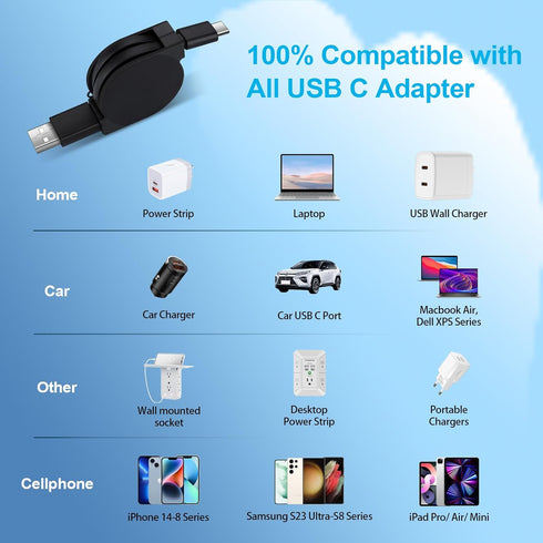 USB C Cable 3Pack 3.3FT Retractable Android Car Charger Phone Cord for iPhone 15/15 Pro/15 Pro Max/Samsung Galaxy S24