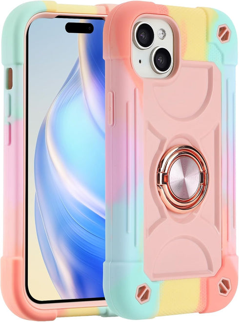 MARKILL iPhone 15 Plus Case (6.7") - Rugged Heavy Duty, Military Grade Drop Protection, Rotate Ring Stand, Rainbow Pink.