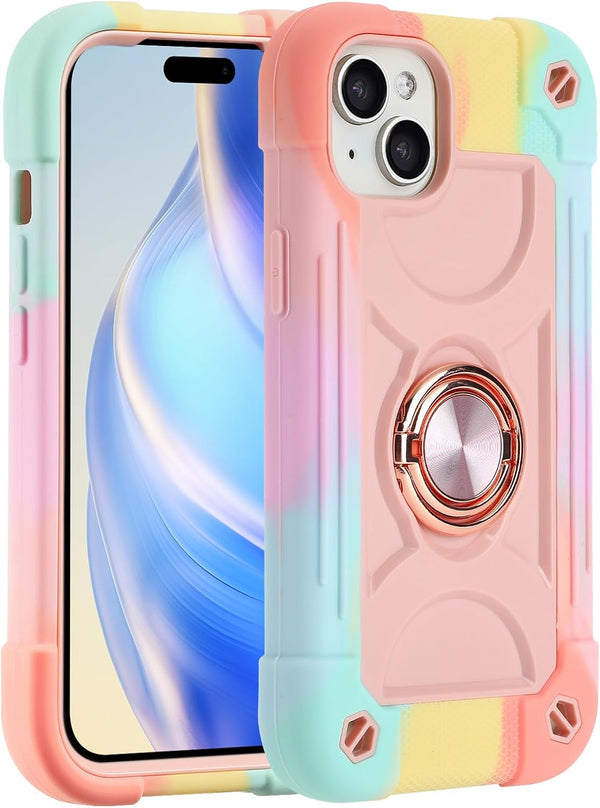 MARKILL iPhone 15 Plus Case (6.7") - Rugged Heavy Duty, Military Grade Drop Protection, Rotate Ring Stand, Rainbow Pink.
