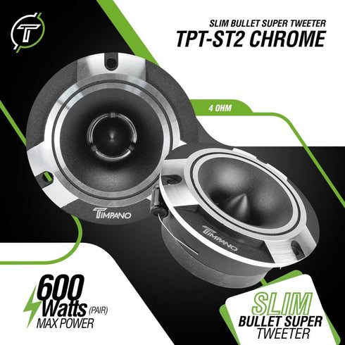 Timpano TPT-ST2 Chrome Super Tweeter, 4 Ohm, 600 Watts Peak, 105 dB Bullet, 1 Inch Voice Coil, Slim Profile Tweeters for Car Audio (Pair)