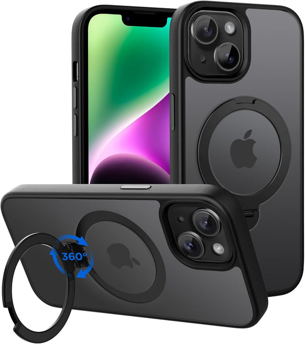 CACOE iPhone 13/14 Magnetic Case 6.1" with 360° Rotatable Ring Stand, MagSafe Compatible, Ideal for Desk & Car Use.