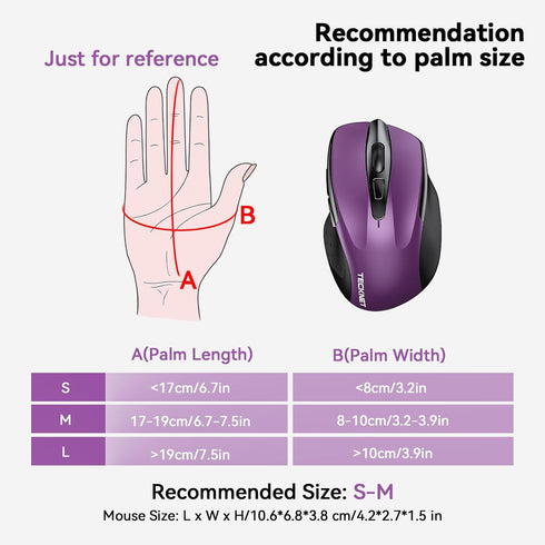 TECKNET Wireless Mouse, Rechargeable 4800 DPI Silent Mouse with 8 Buttons, Wide Compatibility (Purple)