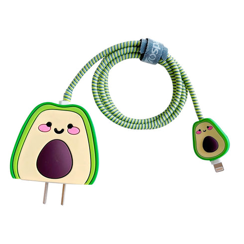 3D Cute Cartoon Charger Protector Case for Apple 20W USB-C Power Adapter and Lightning Cable (Green Avocado)