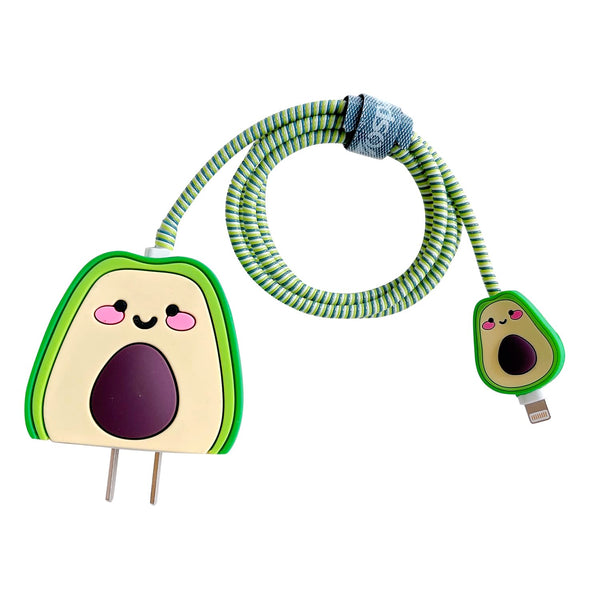 3D Cute Cartoon Charger Protector Case for Apple 20W USB-C Power Adapter and Lightning Cable (Green Avocado)