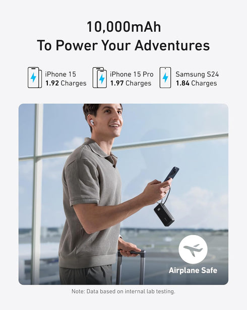 Anker 3-in-1 Portable iPhone Charger, 10,000mAh Power Bank with Built-in USB-C Cable and Foldable AC Plug, 30W Max