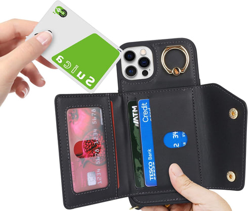 iPhone 12/12 Pro Case with Card Holder and Strap, Zipper Pocket, Crossbody Lanyard, Cute Wallet Case for Women (Black,