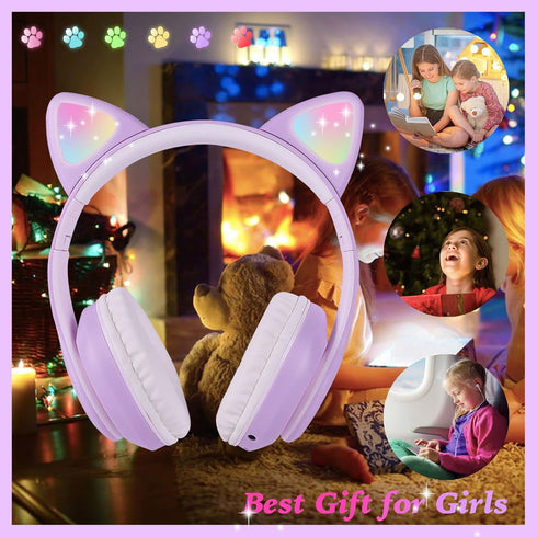 Wireless Cat Ear Headphones for Kids - LED Light Up Bluetooth Headphones with Microphone for School, Travel, Sports,