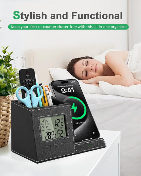 Pen Holder for Desk, Multi-Functional Organizer with Wireless Charger, Indoor Thermometer, Home Office Supplies
