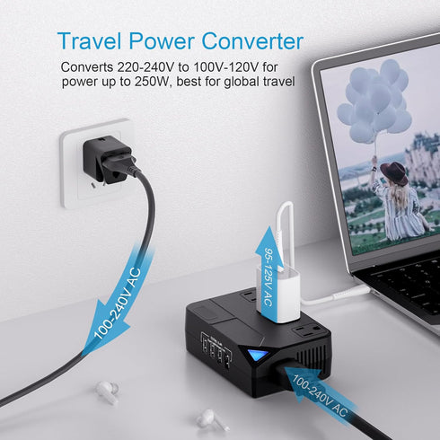 Universal 100V-220V Travel Converter, 250W Voltage Converter with 4 USB Charging Ports and 3 AC Plugs for Curlers