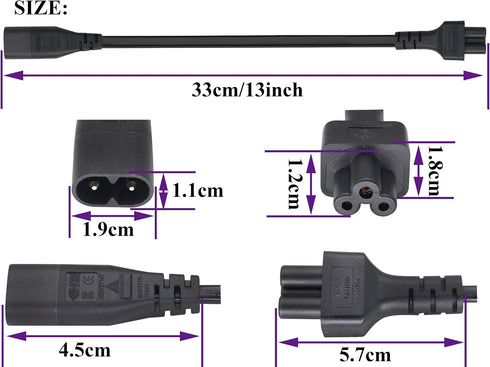 AAOTOKK (2 Pack) 320 C8 C5 Cable,7.5A 125V 8 3Pole etc(33Cm/1ft)(C5 C8) IEC to AC Adapter Figure Male to Mickey Mouse