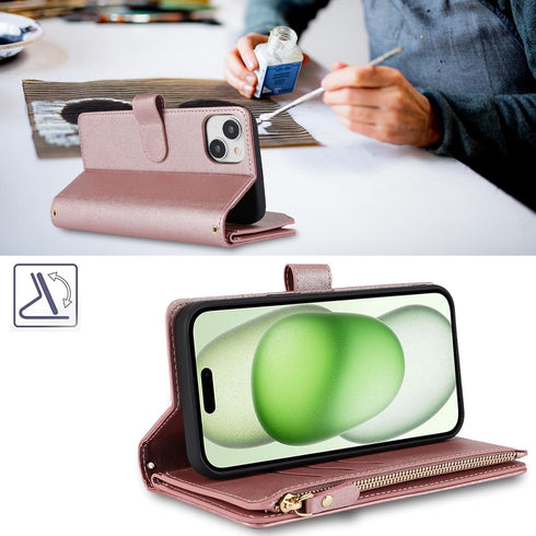 Jaorty iPhone 15 Plus Wallet Case for Women with Card Holder, Crossbody Case with Strap, Zipper Pocket, Rosegold
