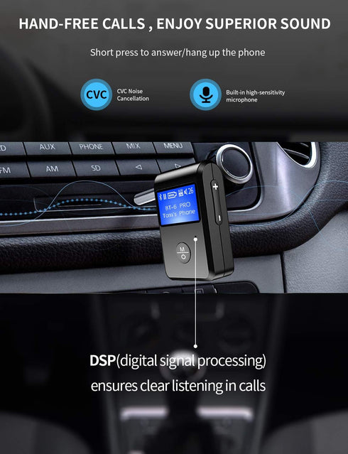 ZIIDOO Bluetooth Car Adapter, Aux Adapter 5.0 with Display Screen, Portable Receiver with DSP/CVC Noise Cancellation