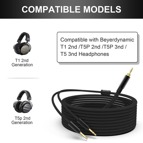 3m/9.8FT Replacement Upgrade Audio Cable Compatible with Beyerdynamic T1 II / T5P 2nd / T5 III Generation Headphones, 3.5mm and 6.35mm Adapter to 2X 3.5mm Jack Male