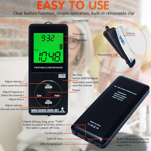 Personal Portable Radio AM/FM, Mini Radio with Digital Tuning LCD Display, Rechargeable Pocket Radio with Earphone,