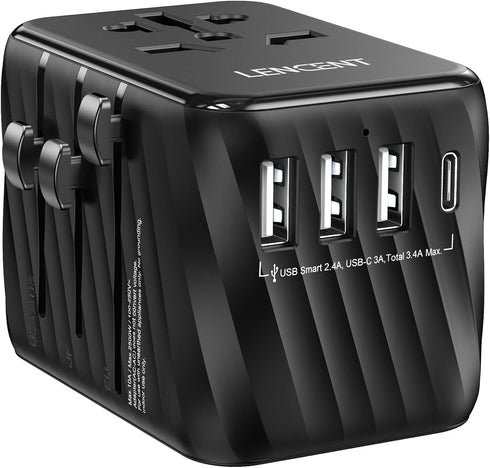 LENCENT Universal Travel Power Adapter, International AC Plug Adaptor with 3 USB A Ports, 1 Type C PD Charger