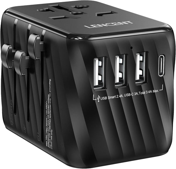 LENCENT Universal Travel Power Adapter, International AC Plug Adaptor with 3 USB A Ports, 1 Type C PD Charger