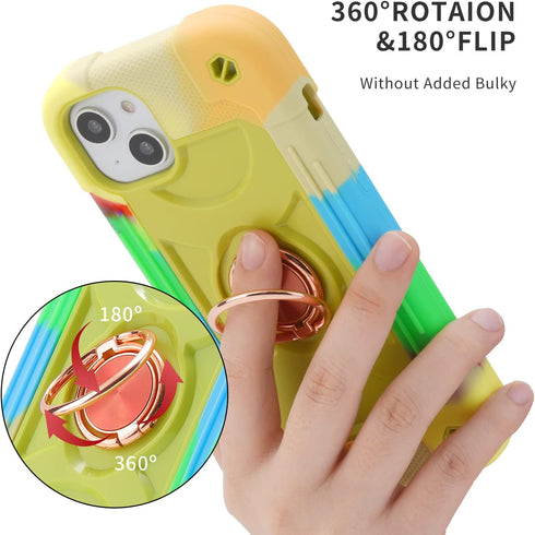 Heavy-Duty Shockproof Case for iPhone 14 Plus 6.7 Inch, with Ring Stand, 2 Pack Glass Screen Protector, Rainbow Green