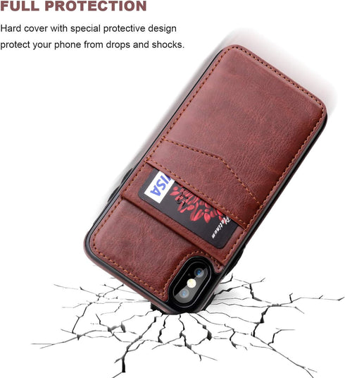 KIHUWEY Wallet Case for iPhone X/Xs - Premium Leather with Credit Card Holder, Heavy Duty Protective Cover (Brown)