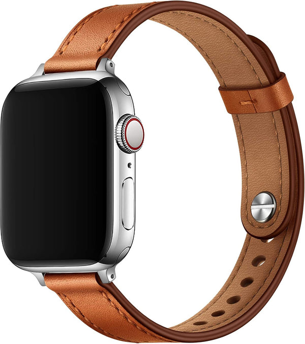 OUHENG Slim Bands for Apple Watch, 42mm 41mm 40mm 38mm, Women Genuine Leather Replacement Thin Strap (Brown/Silver)