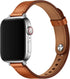 OUHENG Slim Bands for Apple Watch, 42mm 41mm 40mm 38mm, Women Genuine Leather Replacement Thin Strap (Brown/Silver)