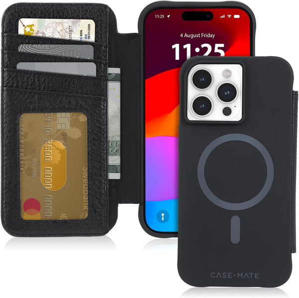 Case-Mate Wallet Folio for iPhone 15 Pro Max, Black, 12ft Drop Protection, Magnetic Flip Folio Cover with Cash and Card