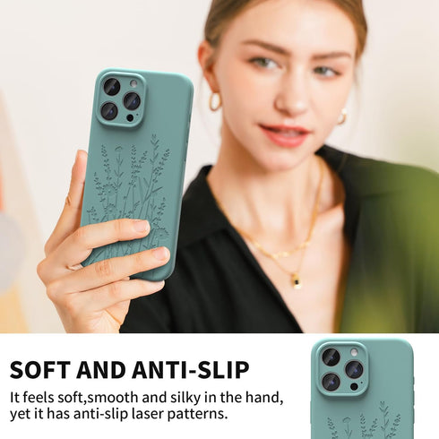 Midnight Green Flower Magnetic Silicone Case for iPhone 15 Pro, Magsafe Compatible, Camera Protection, Soft Microfiber