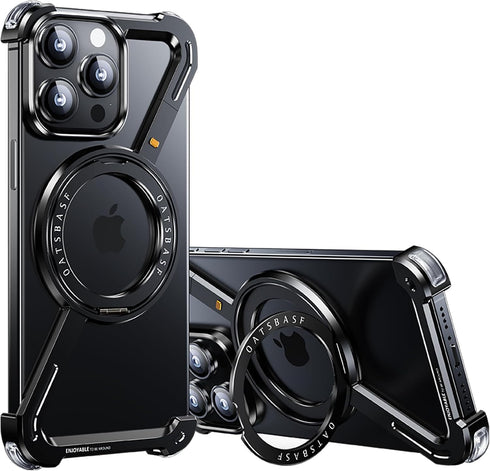 OATSBASF Minimalist Phone Case for iPhone 14 Pro - 360° Rotation Kickstand, Aluminum Metal Frameless Design, Protective