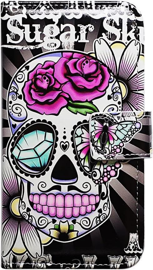 Purple Flower Sugar Skull Leather Flip Phone Case Wallet Cover with Card Slot Holder Kickstand for Google Pixel 6 Pro