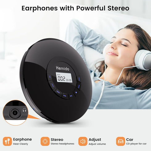 Hernido 5 Discman Portable CD Player with Headphone, Rechargeable CD Player for car, Compact CD Walkman with EQ Sounds