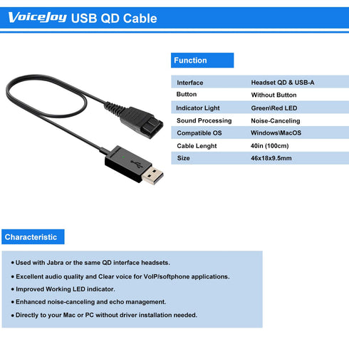 VoiceJoy Quick Disconnect to USB Plug QD Cable Adaptor for Jabra GN Headsets