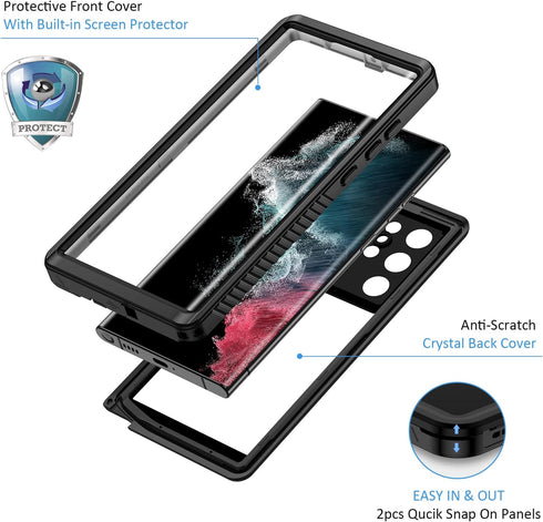 Lanhiem IP68 Waterproof Dustproof Case for Samsung Galaxy S22 Ultra, Built-in Screen Protector, Heavy Duty (Black/Clear)