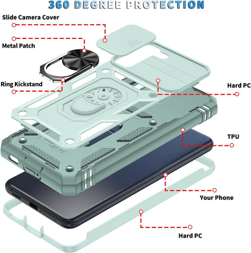 Military Grade Drop Shock Protection Case for Samsung Galaxy S21 FE 5G, Built-in 360° Rotate Ring Stand