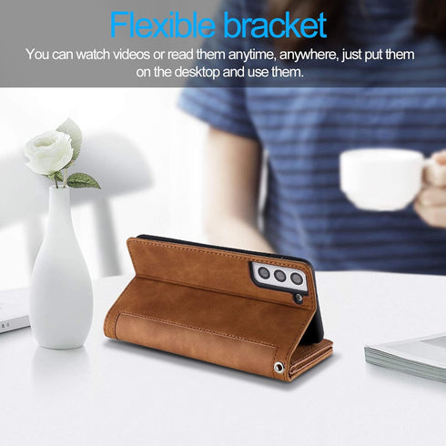 UEEBAI Wallet Case for Samsung Galaxy S21 5G, Retro 9 Card Holder Slots, Zipper Pocket PU Leather Handbag