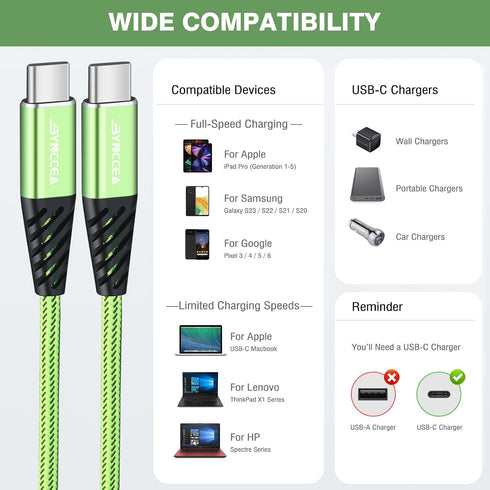 USB C to USB C Charger Cable 4-Pack 10ft Fast Charging Nylon Braided 60W (5A) Type C Cable for Phone 15/15 Pro/15