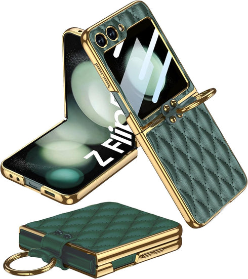 Miimall Leather Case with Metal Ring Holder for Galaxy Z Flip 5, Built-in Screen Protector, Ultra-Thin Cover (Deep