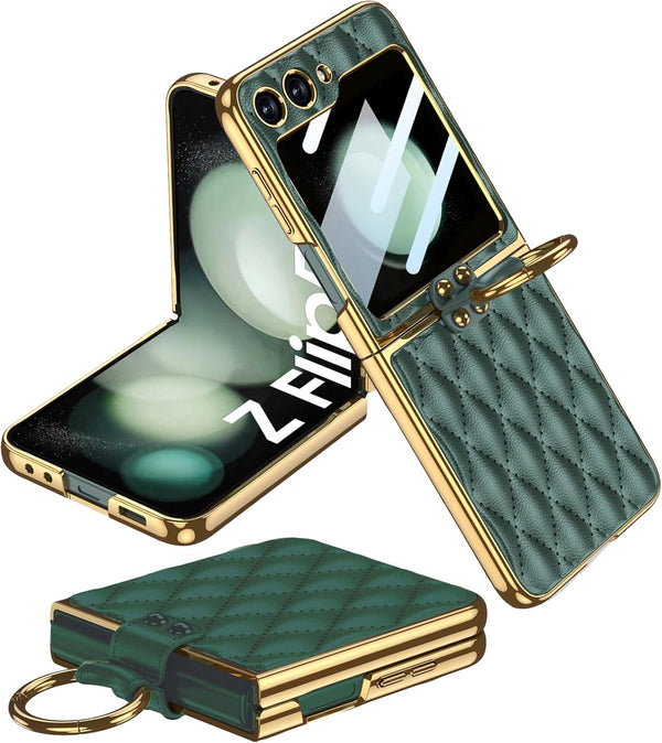 Miimall Leather Case with Metal Ring Holder for Galaxy Z Flip 5, Built-in Screen Protector, Ultra-Thin Cover (Deep