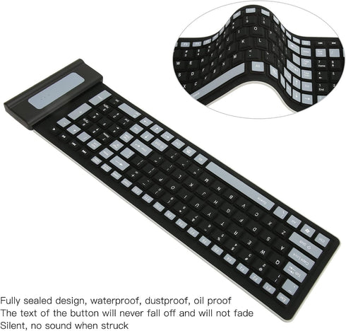 Silicone Keyboard, Foldable Soft Waterproof Rollup Keyboard for PC Laptop Notebook, 103 Keys, Mute Typing, Lightweight